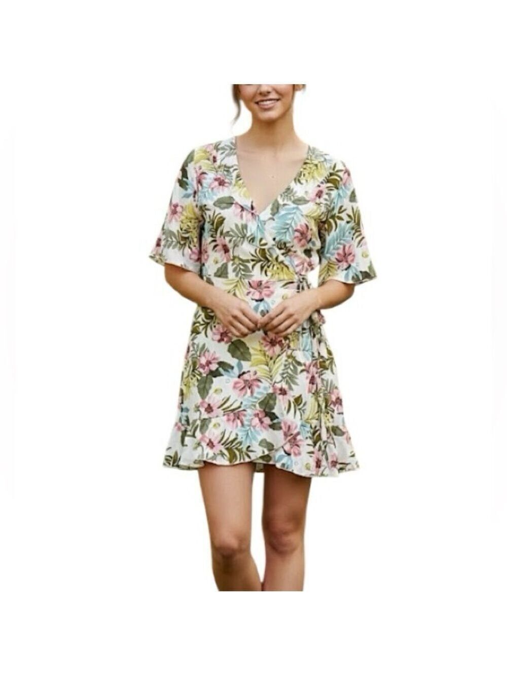 Rinascimento Italy tropical floral mini wrap dress M